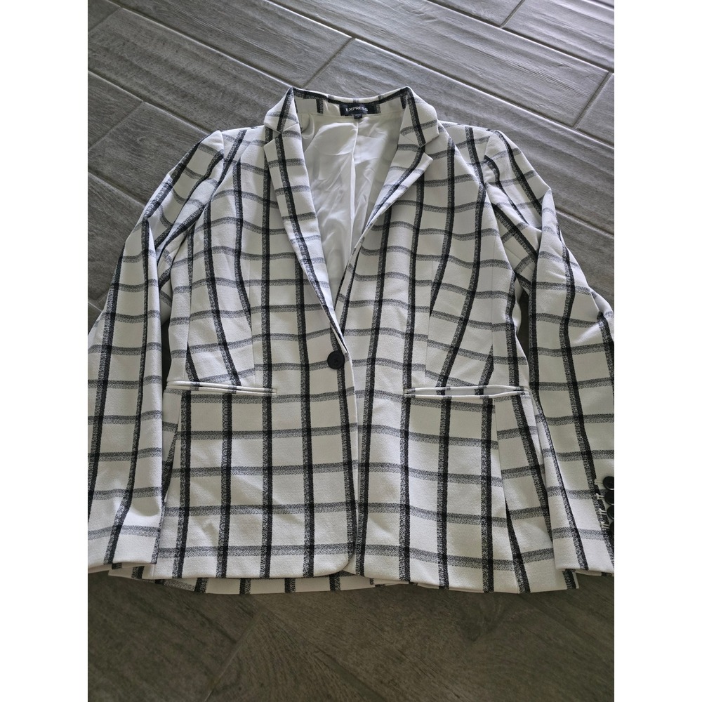 Express Womens White Black Windowpane Plaid Stretch Single Button Blazer Size 12